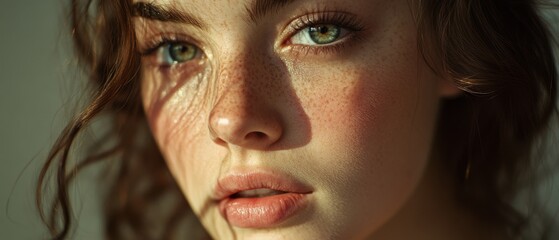 a close-up portrait reveals a woman's face with freckles and captivating green eyes, illuminated by 