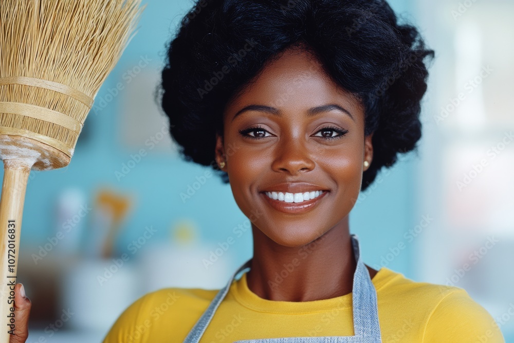 Woman with a yellow shirt and apron is smiling and holding a broom ...