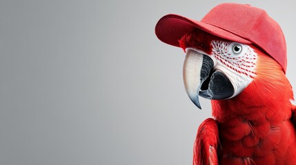 Wall Mural - red parrot wearing a red hat is standing in front of a grey background. the parrot is the main focus