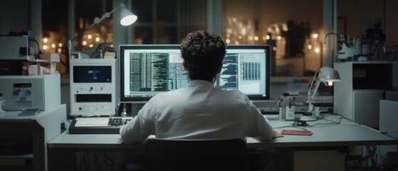 Wall Mural - a lone cybersecurity analyst engrossed in data on dual screens, surrounded by glowing city lights ou