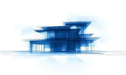 Aufkleber - A minimalist architectural design concept depicted in blue hues, showcasing layers and geometric forms in a modern style.