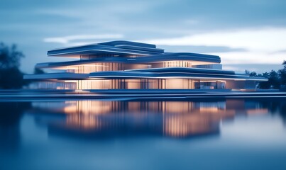 Aufkleber - A modern, futuristic building reflecting on calm water, illuminated by soft lights, surrounded by a serene landscape under a twilight sky.