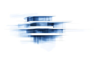 Poster - A modern architectural design featuring abstract layers and smooth curves, characterized by a blue color palette and minimalistic aesthetic.