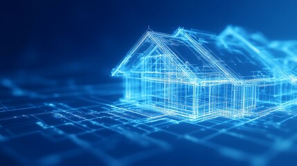 Poster - A digital visualization of a house, represented in a blue, wireframe style against a grid background, symbolizing technology and architecture.