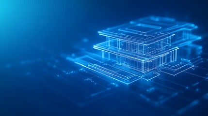 Aufkleber - A futuristic digital representation of layered data structures, illustrating connectivity through glowing blue lines.