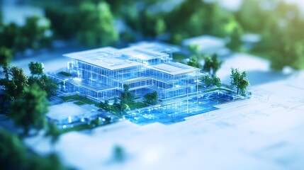 Poster - A modern architectural design featuring a futuristic building surrounded by greenery, presented in a stylized, high-tech manner.