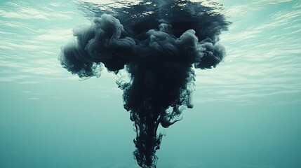 Wall Mural - Abstract swirling black ink in blue water, creating an ethereal cloud-like shape.