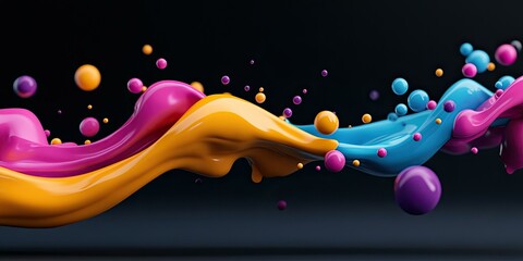 Wall Mural - Abstract 3D Render of Colorful Liquid Swirls and Spheres Against a Black Background