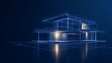 Poster - A futuristic 3D representation of a house, created with blue lines and digital effects, conveying a sense of innovation and technology.