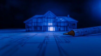 Fototapete - A futuristic design concept shows a model house and architectural plans illuminated with a blue hue, emphasizing creativity in building design.