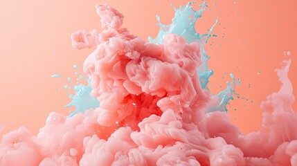Wall Mural - Abstract pink and blue paint swirling and splashing in water against a peach background