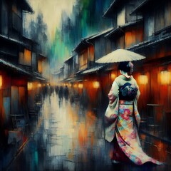 Wall Mural - Geisha Walking in Kyoto's Traditional Gion District in Oil Painting Style Illustration with Generative AI.