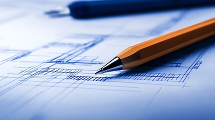 Fototapete - A close-up view of a pencil resting on a blueprint, showcasing detailed architectural designs.
