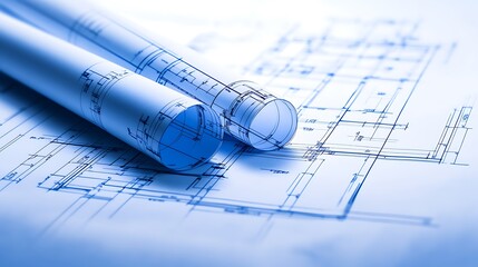 Fototapete - Blueprint rolled plans on a surface, showcasing architectural designs and technical details for construction projects.