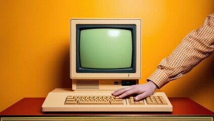 Retro personal computer or PC with a green screen, programmer's hand in a checkered shirt making scripts touches keyboard. Vintage display or screen