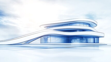 Poster - A modern architectural design featuring a sleek, curved structure with multiple levels, set against a light backdrop.