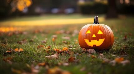 Wall Mural - A Carved Jack-o'-Lantern with a Smiling Face Glows on a Grassy Lawn with Fallen Autumn Leaves in the Background