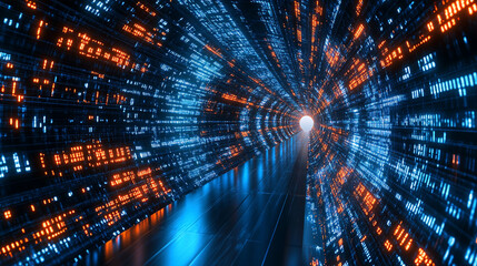 digital background with abstract code symbols, representing advanced technology, innovation, and the intersection of the digital world and human progress. It evokes themes of modernity and complexity