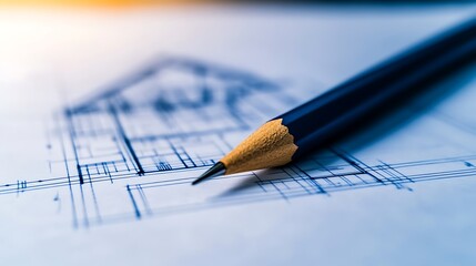 Fototapete - A close-up of a pencil resting on architectural blueprints, showcasing precise lines and designs for a building plan.