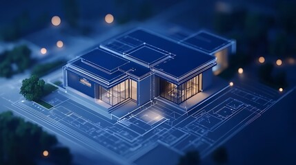 Aufkleber - A modern architectural model illuminated with blue lights, set in a tranquil night scene, highlighting contemporary design and aesthetics.