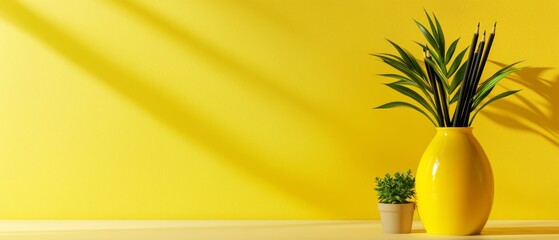 Wall Mural - A yellow vase with a plant in it sitting on a table