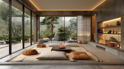 Wall Mural - Minimalist, japandi style interior design of modern living room. Design concept