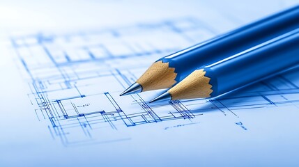Poster - Two blue pencils rest on architectural blueprints, symbolizing design, planning, and creativity in construction.