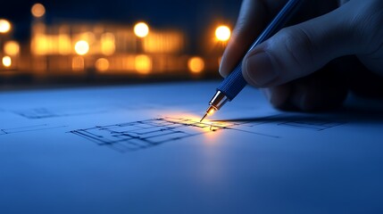 Fototapete - A hand holding a pen draws intricate designs on paper, illuminated by soft lights in the background, creating a serene, artistic atmosphere.