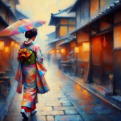 Wall Mural - Geisha Walking in Kyoto's Traditional Gion District in Oil Painting Style Illustration with Generative AI.