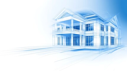 Fototapete - A digital architectural illustration of a blue-tinted house, showcasing design elements and depth through a 3D perspective.