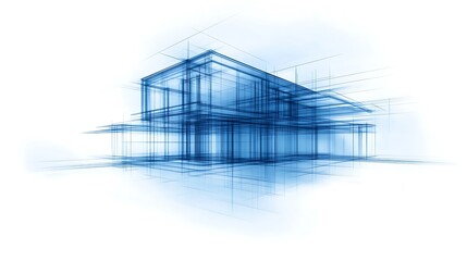 Fototapete - A minimalist architectural design in blue tones, showcasing a modern building sketch with an emphasis on structure and space.