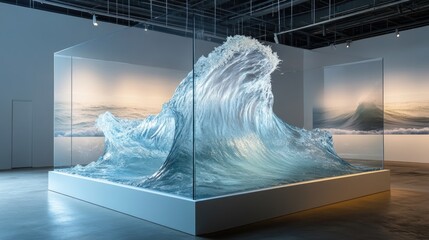 Wall Mural - A large glass sculpture of a crashing wave displayed in a modern art gallery.