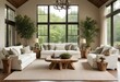 © Stock - A cozy and inviting living room with large windows overlooking a lush green outdoor scene. The room features plush white sofas and armchairs arranged around a rustic wooden coffee table.