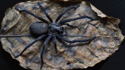 Wall Mural - A close-up view of a black spider sitting on the edge of a leaf