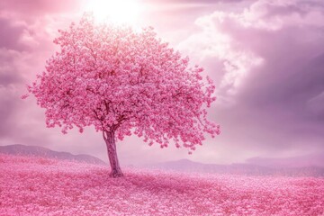 A lone pink tree stands tall in an open field, surrounded by green grass and blue skies