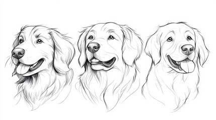 Poster - Three adorable Golden Retriever pups, drawn in black and white, with happy expressions.