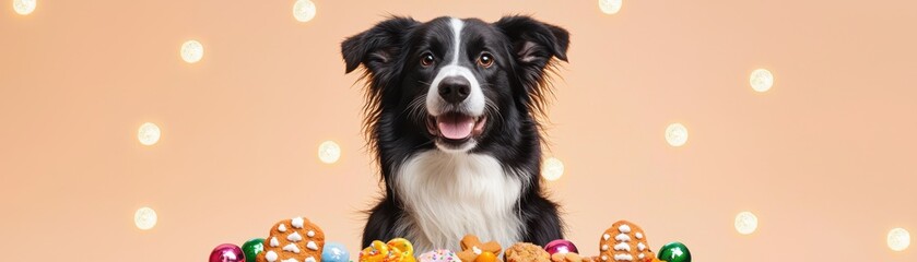 Wall Mural - Christmas cookies and pet-safe treats concept. A cheerful black and white dog sits proudly in front of colorful decorations against a soft peach background, exuding a festive and playful spirit