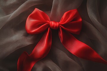 Close-up shot of a bright red bow on a gray fabric, suitable for use in textile design, gift wrapping or as a decorative element