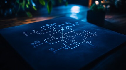 Leinwandbilder - A luminous circuit-like pattern illuminated against a dark background, surrounded by greenery, creating a mysterious and futuristic ambiance.