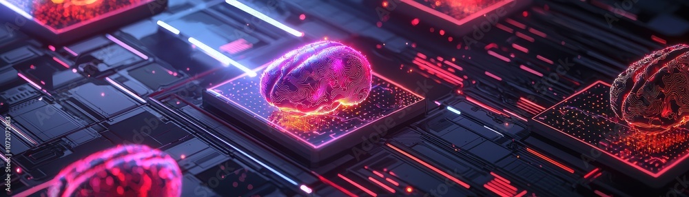 AI brains, A vibrant digital landscape featuring glowing circuits and ...