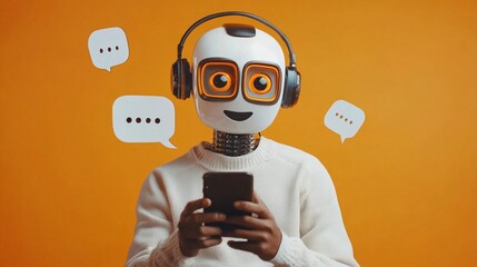 Futuristic robot with large expressive eyes wearing headphones and white sweater, using smartphone surrounded by chat bubbles on vibrant orange background.