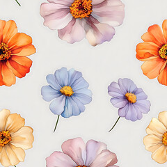 Wall Mural - Beautiful watercolor zinnias in pastel colors, featuring orange, blue, and lavender flowers scattered on light background, creating cheerful and vibrant floral pattern