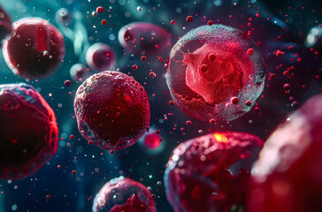 Wall Mural - close up of red blood cells with a virus in the middle. the virus is surrounded by the red blood cel