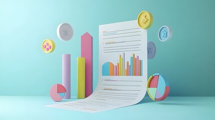 Poster - A 3D paper report with colorful data visualization icons, including bar charts, pie charts, and line graphs emerging from the page, on a light blue background, 4k resolution, no background, no shadow