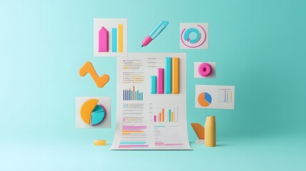 Poster - A 3D paper report with colorful data visualization icons, including bar charts, pie charts, and line graphs emerging from the page, on a light blue background, 4k resolution, no background, no shadow