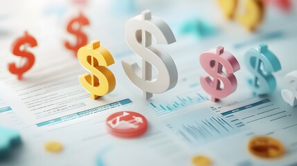 Poster - A 3D financial report with currency icons, such as dollar signs, yen, and euro popping out of the paper, on a light blue background, 4k resolution, no background, no shadow