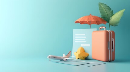 Poster - A 3D document with travel icons like airplane, beach umbrella, and suitcase emerging from the surface, set on a light blue background, 4k resolution, no background, no shadow
