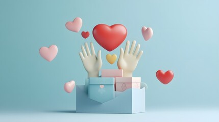 Poster - A 3D charity report with icons of hands, hearts, and donation boxes emerging from the page, creating a compassionate theme on a light blue background, 4k resolution, no background, no shadow
