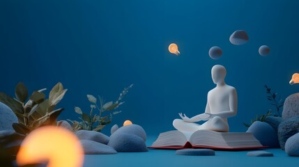 Poster - A 3D personal development report with icons like meditation, book, and light bulb popping out, creating a motivational feel on a rich blue background, 4k resolution, no background, no shadow