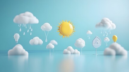 Aufkleber - A 3D weather report with icons like sun, rain, and clouds emerging, giving a meteorological theme on a light blue background, 4k resolution, no background, no shadow